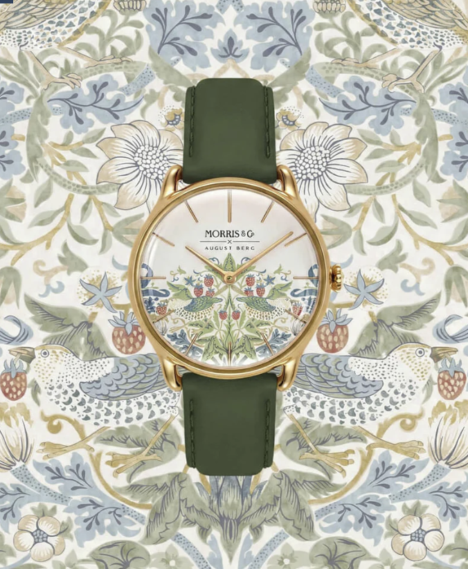 Simply Strawberry Thief Cochineal Olive Green — leather strap on Morris & Co. floral pattern