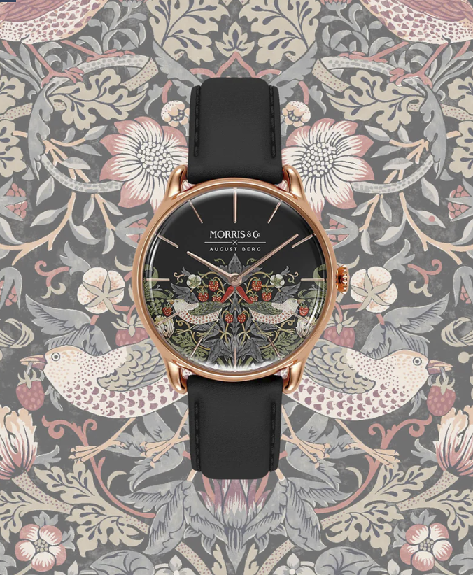 Simply Strawberry Thief Cochineal Black — leather strap on Morris & Co. floral pattern