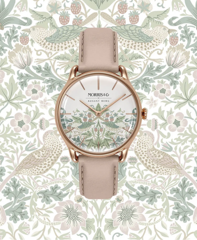 Simply Strawberry Thief Cochineal Pink — Italian leather strap on Morris & Co. floral pattern